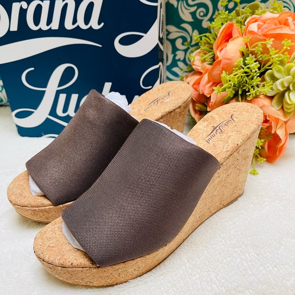 Lucky Brand Marilynn Bronze Cork/Metallic Stretch Mesh Platform Sandals